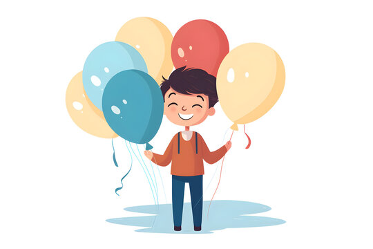 colourful illustration of young boy with balloons in a  cute simple cartoon style