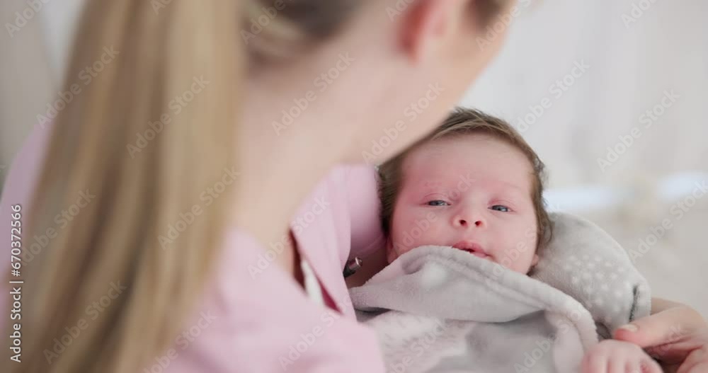 Sticker baby, yawn and calm with tired newborn and mom in a bedroom at morning with care. rest, relax and yo