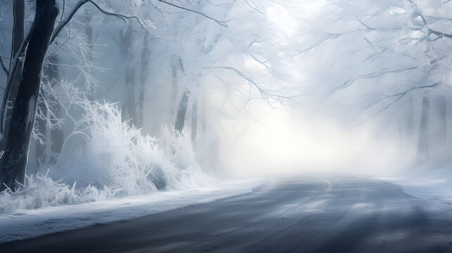 An isolated road covered in a blanket of snow, with the chilling wind blowing snowflakes across the path. Capture the ethereal beauty of the scene by using double exposure technique. 