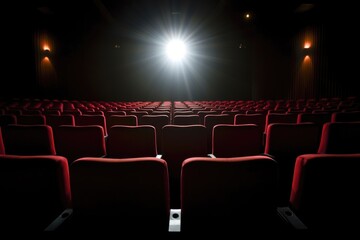 rows of empty theater seats under dim lighting