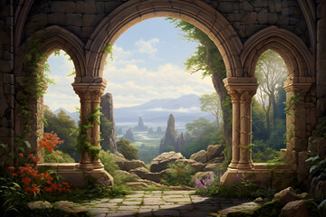 painting of a beautiful landscape viewed through stone arches