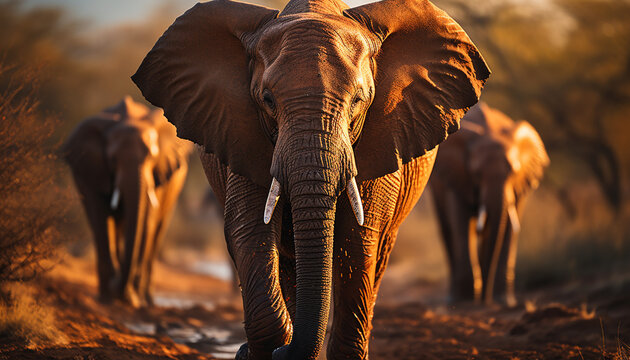 Elephant herd grazing in tranquil African wilderness at sunset generated by AI