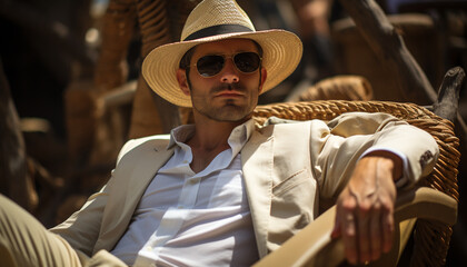 A confident man in sunglasses, sitting outdoors, enjoying summer relaxation generated by AI