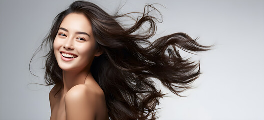 Portrait of a beautiful Asian woman with a bright smile, hair is a beautiful brown color, shampoo advertising concept Hair conditioner and cosmetic products,Generative AI - obrazy, fototapety, plakaty
