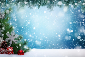 Christmas background with fir tree branches, balls, and snowflakes. 