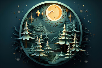 Christmas and New Year greeting cards with the moon, fir trees, and snowflakes. Vector illustration. 