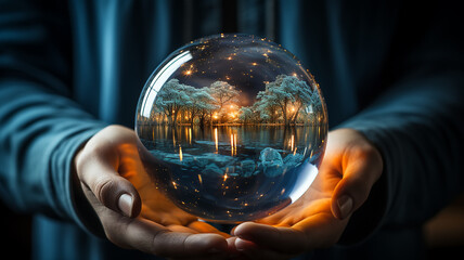 crystal ball of predictions in the hands of a fortune teller