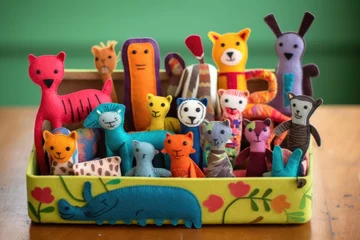 Fotobehang stitched felt animals near a colorful sewing box © Natalia