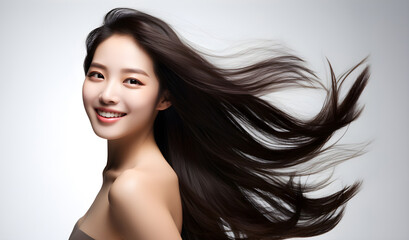 Portrait of a beautiful Asian woman with a bright smile, hair is a beautiful black color, shampoo advertising concept Hair conditioner and cosmetic products, Generative AI - obrazy, fototapety, plakaty