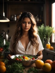 Portrait of a Woman Preparing a Salad with Fruit and Flowers on Dia de las Velitas