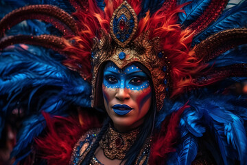 Fototapeta na wymiar Rio Carnival in the style of vivid explosions of energy, dark blue and red
