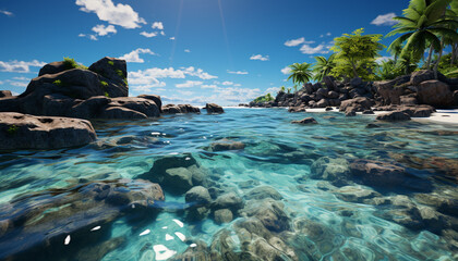 Fototapeta na wymiar Idyllic tropical coastline, tranquil water, green palm tree, blue sky generated by AI