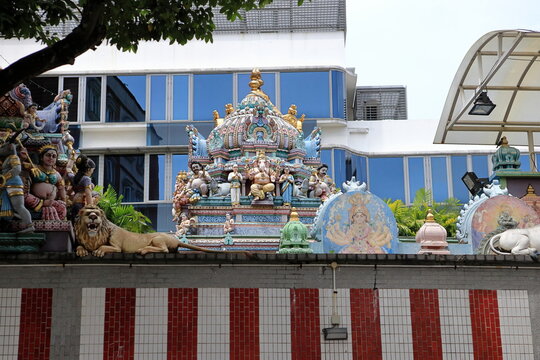 SINGAPORE- 23.03. 2023 Statues of Sri Veerama Kaliamman Temple in ethnic district Little India in Singapore. Little India is commonly known as Tekka in the local Tamil community