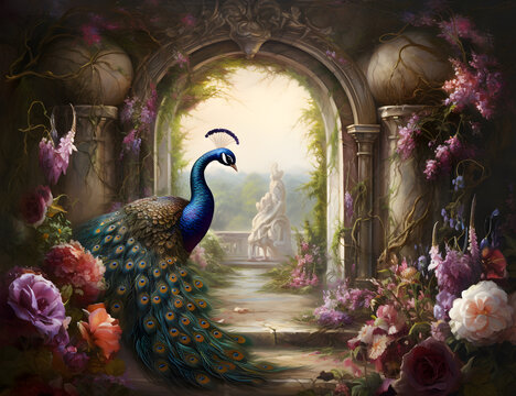 Wallpaper Classic drawing of a palace garden in the Baron style Stone arches, picturesque nature with flowers, peacock in vintage style