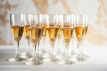 fluted glasses filled with champagne, bubbles visible