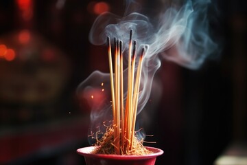 close-up image of tall burning joss stick