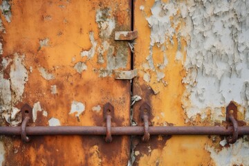 close-up of a rusted iron gate with peeling paint