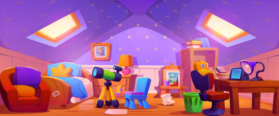 Kids bedroom in house attic. Vector cartoon illustration of tidy room with wooden bed, drawer, tablet on table, chair, armchair with cushions, bookcase, easel and paints, telescope, stars on ceiling