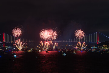 100th Anniversary Celebrations of the Republic of T&uuml;rkiye Fireworks Show Drone Photo, 15 July Martyrs Bridge Cengelkoy, Uskudar Istanbul, Turkiye (Turkey)