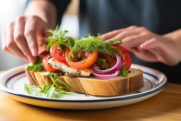 hand placing a piece of fish on an open-faced sandwich - obrazy, fototapety, plakaty
