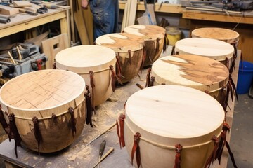 Fototapeta na wymiar native drums waiting for their membranes on workbench