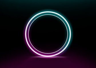 Glowing round neon frame on black background, space for text