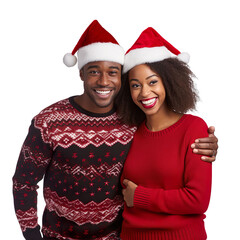 black african couple in a Santa cap hat and a Christmas sweater isolated on a white transparent background 