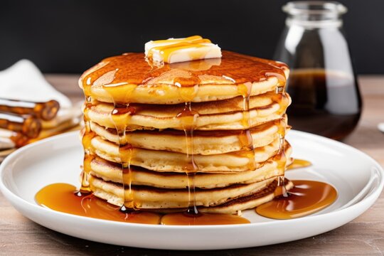 stack of homemade pancakes with syrup drizzle