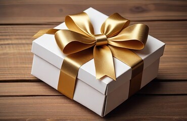 Fototapeta na wymiar Christmas gift box with golden bow on wooden background