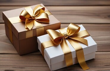 Christmas gift box with golden bow on wooden background
