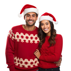  latin couple in a Santa cap hat and a Christmas sweater isolated on a white transparent background 