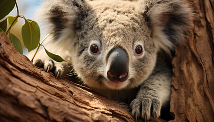 Cute koala sitting on branch, looking at camera, outdoors generated by AI