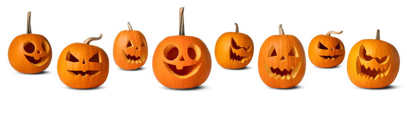 Many pumpkins with carved spooky faces isolated on white, collection. Decoration for Halloween