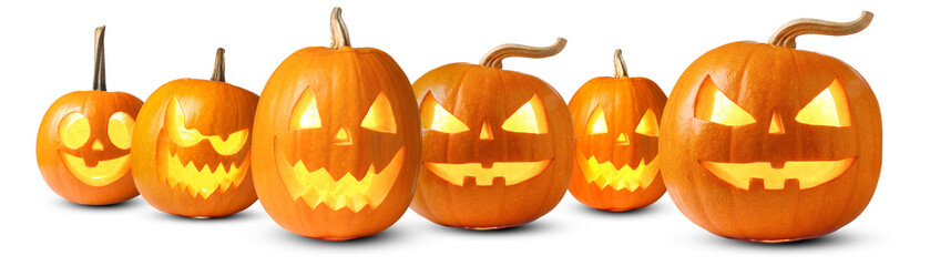 Many pumpkins with carved spooky faces isolated on white, collection. Jack-o-lantern for Halloween