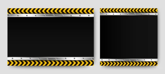 Fotobehang police line border with metalic plate. hazard black and yellow striped ribbon, caution tape of warning signs. isolated on transparent. vector © ahmad