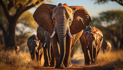 Elephants walking in the African wilderness, a tranquil sunset scene generated by AI - obrazy, fototapety, plakaty