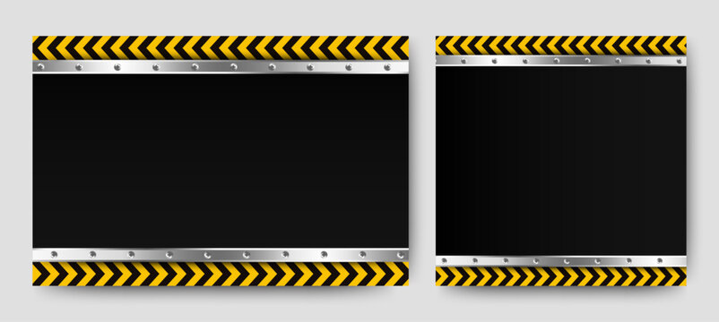 police line border with metalic plate. hazard black and yellow striped ribbon, caution tape of warning signs. isolated on transparent. vector