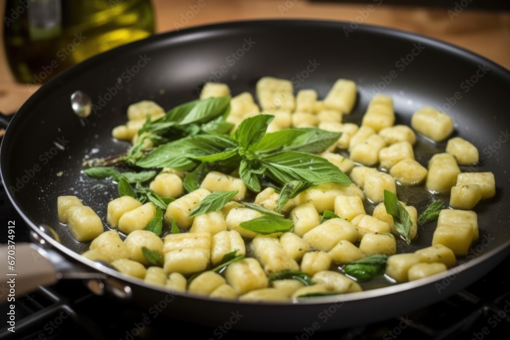 Poster adding sage leaves to gnocchi in frying pan