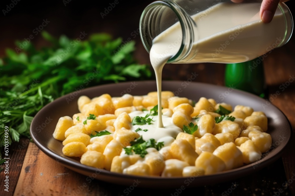 Sticker pouring creamy white sauce over plate of gnocchi