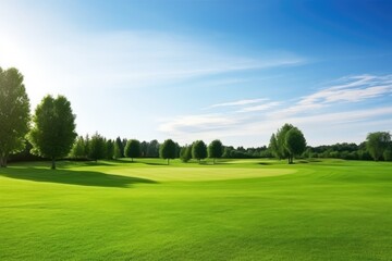 wide angle of manicured golf course landscape