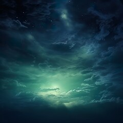 Black dark greenish blue dramatic night sky. Gloomy ominous storm rain clouds background. Cloudy thunderstorm hurricane wind lightning. - Generative AI - obrazy, fototapety, plakaty