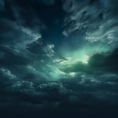 Naklejka na ściany i meble Black dark greenish blue dramatic night sky. Gloomy ominous storm rain clouds background. Cloudy thunderstorm hurricane wind lightning. - Generative AI