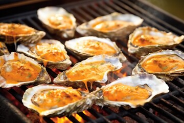 close-up of toasted garlic sauce on grilled oysters - obrazy, fototapety, plakaty