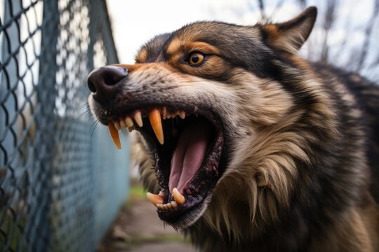 a guard dog growling behind a fence