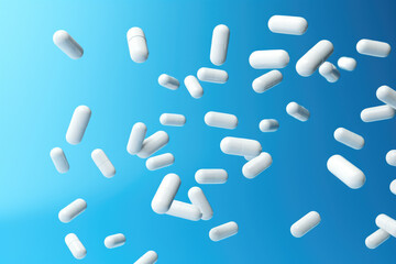 Bunch of pills floating in air. Healthcare, medicine, pharmaceuticals, addiction, drug abuse, or even alternative medicine