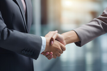 Close-up image capturing two people shaking hands. This picture can be used to represent business partnerships, negotiations, teamwork, or professional relationships.