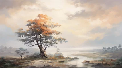 Door stickers Aquarel Nature vintage oil painting sunset lonely tree nature landscape.