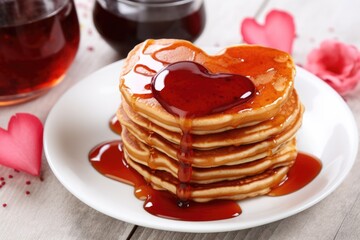 stacked heart-shaped pancakes with syrup for valentines day breakfast - obrazy, fototapety, plakaty