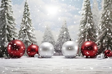 Naklejka na ściany i meble White snow christmas forest pine trees landscape background with red and white christmas baubles balls decoration copy space