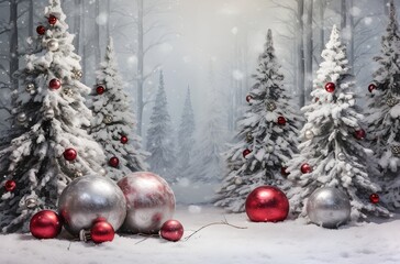 Fototapeta na wymiar White snow christmas forest pine trees landscape background with red and white christmas baubles balls decoration copy space
